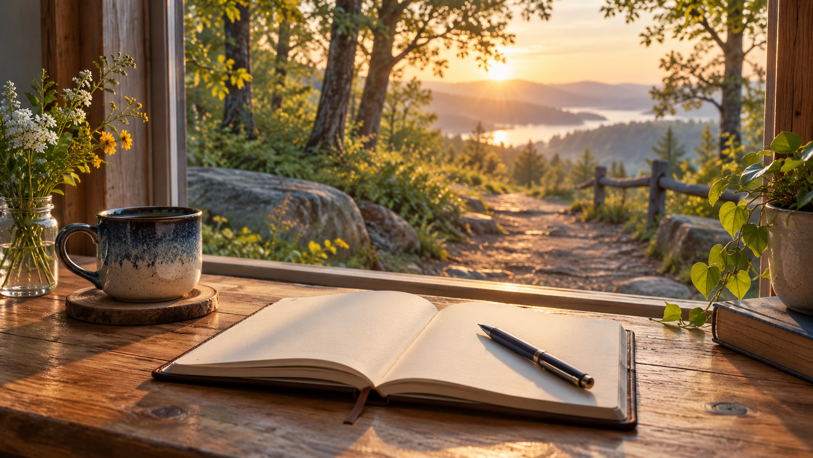 An open journal and pen beside a window looking toward a sunlit wooded path